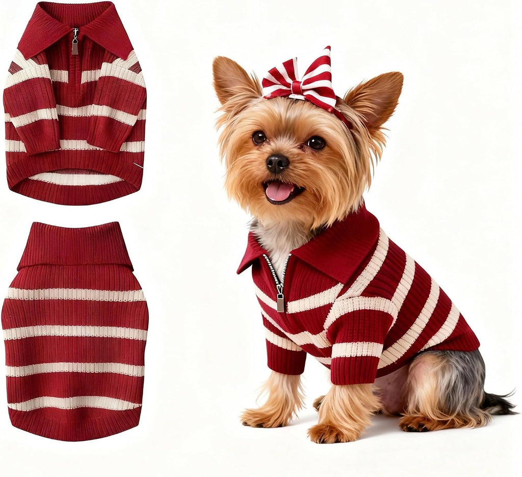 HÃ³ PÃªng-iÃº small dog sweater front view featuring red and white stripes with zipper collar
