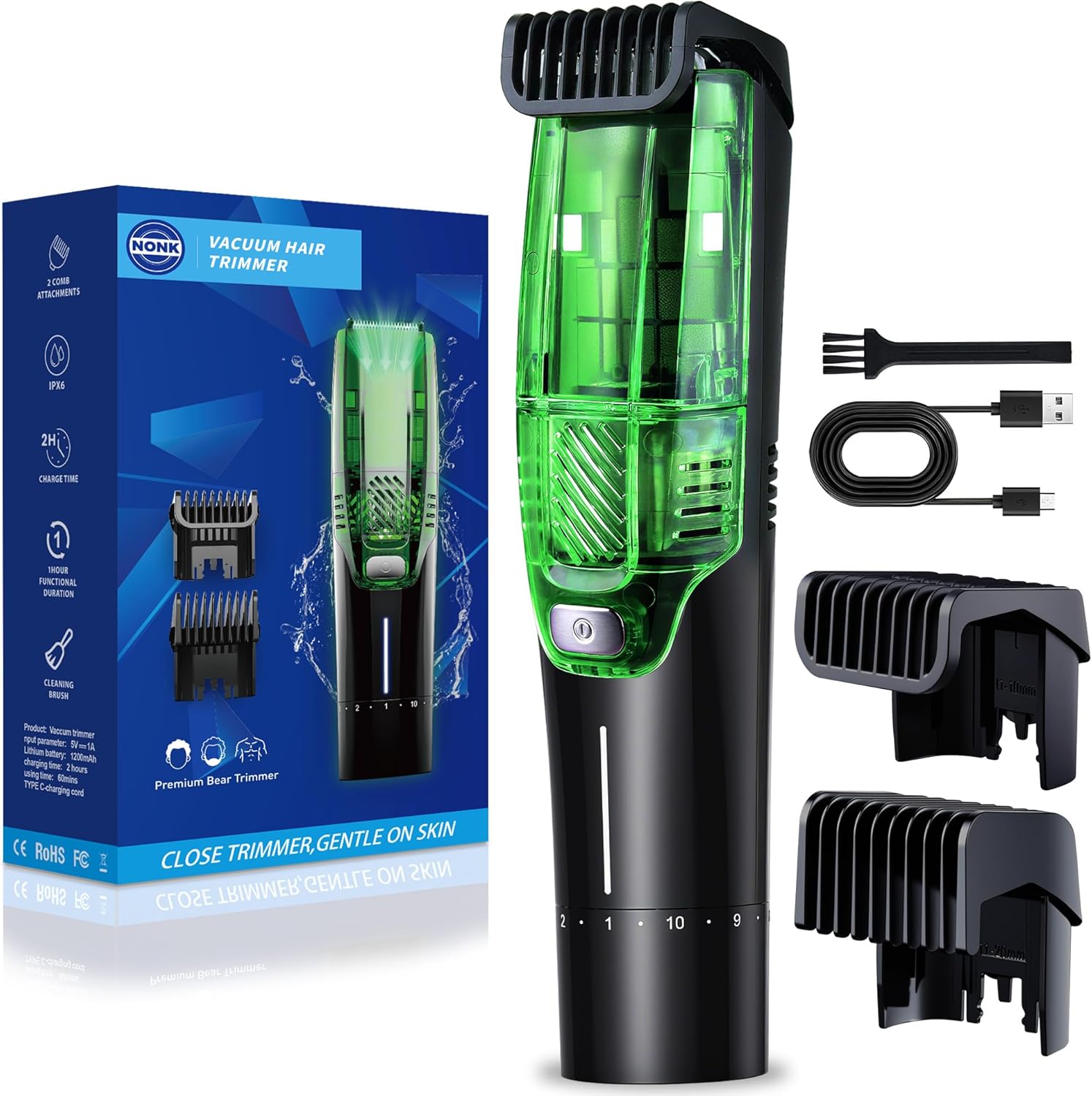 Nonk rechargeable vacuum hair clipper front view with green chamber