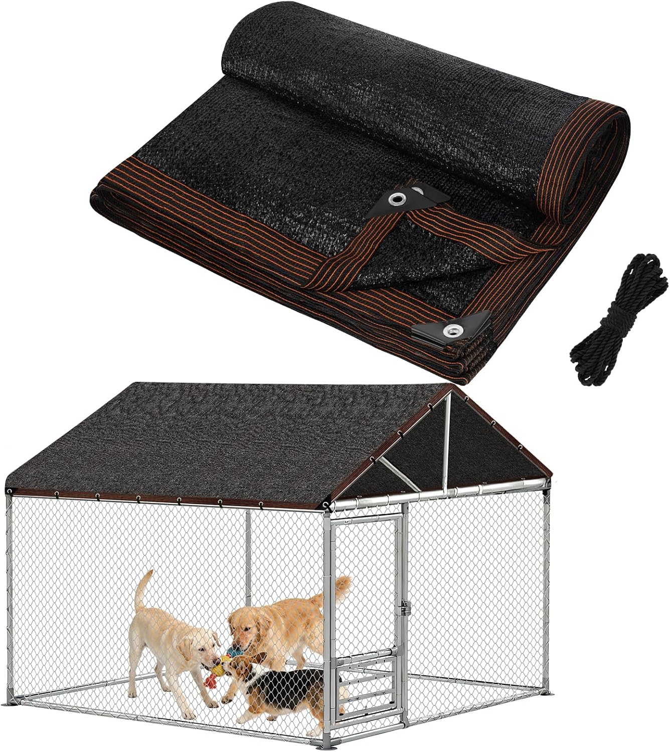 A large outdoor domestic dog resting comfortably inside a kennel shaded by the MEWTOGO premium sunblock tarp.