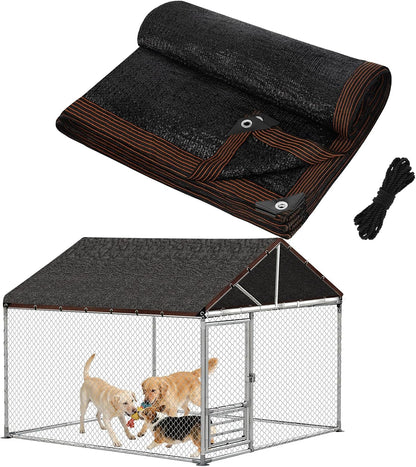 A large outdoor domestic dog resting comfortably inside a kennel shaded by the MEWTOGO premium sunblock tarp.