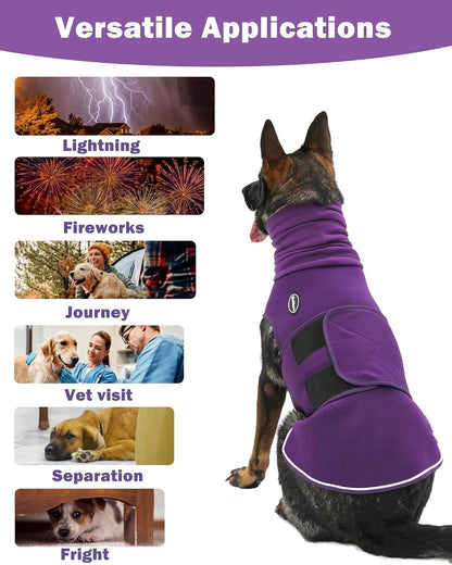 Dog wearing Meifsou anxiety vest with hood up for noise reduction