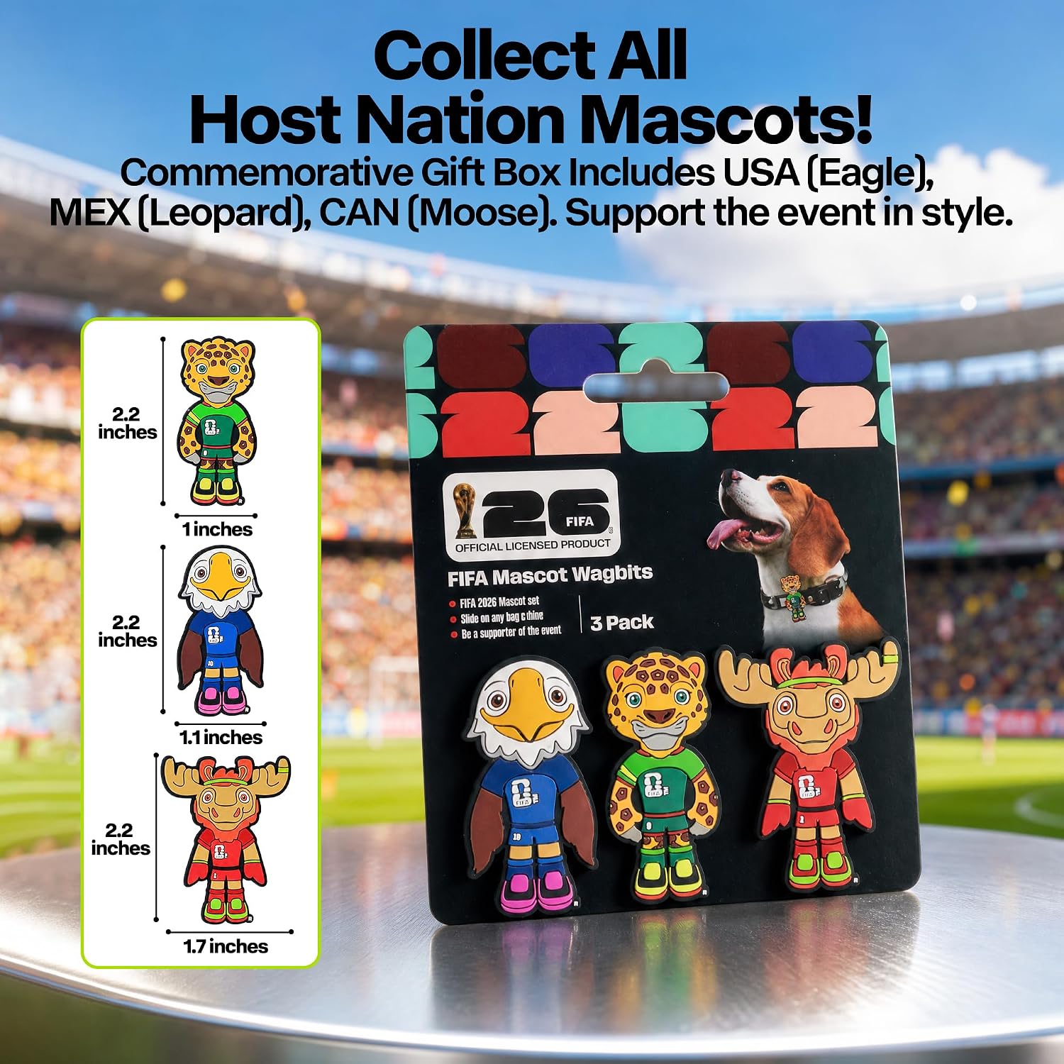 Packaging of the officially licensed AFP Pet Products FIFA World Cup mascot three pack pet supporter gear.