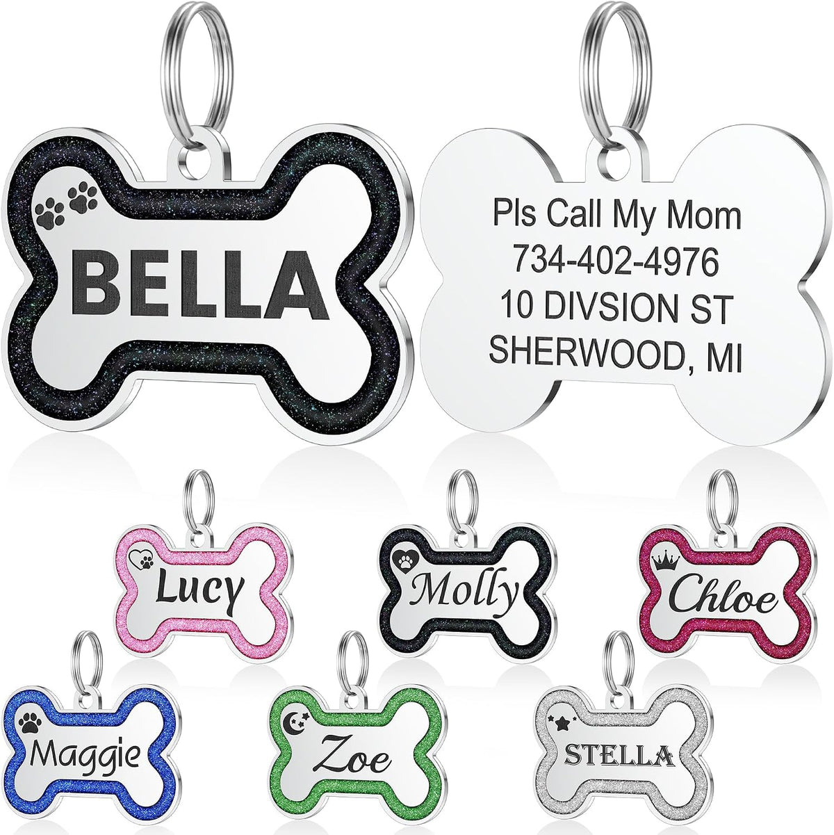 YEHANTI Dog Tags Personalized for Pets - Durable Stainless Steel Pet ID Tags with Lovely Icons, Glitter Bone Custom Dog Tags for Large Small Dogs Cats, Dog Name Tags Engraved On Both SidesS, Pink - Image 12