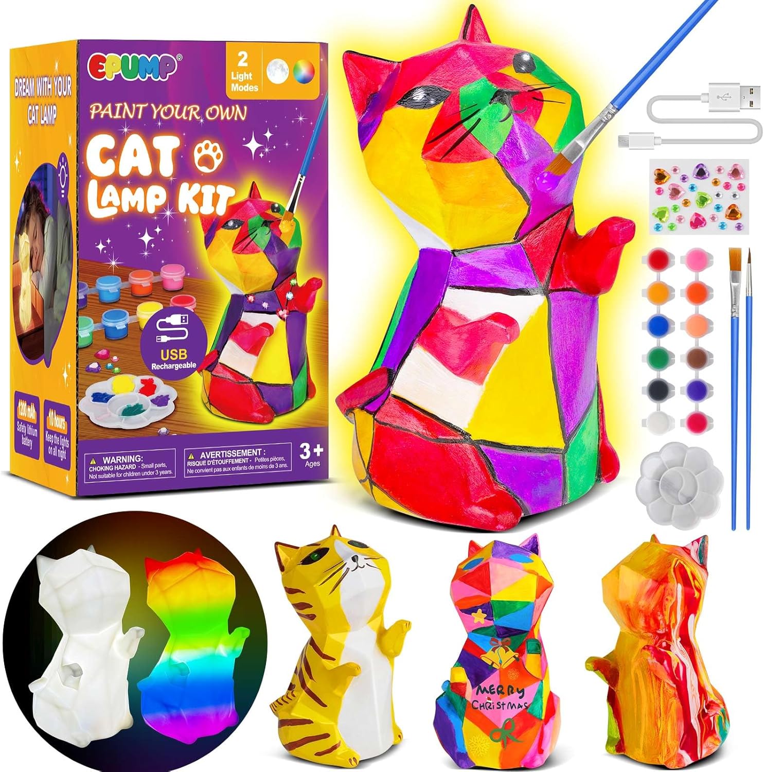 EPUMP Paint Your Own Cat Lamp Kit packaging and complete contents front view