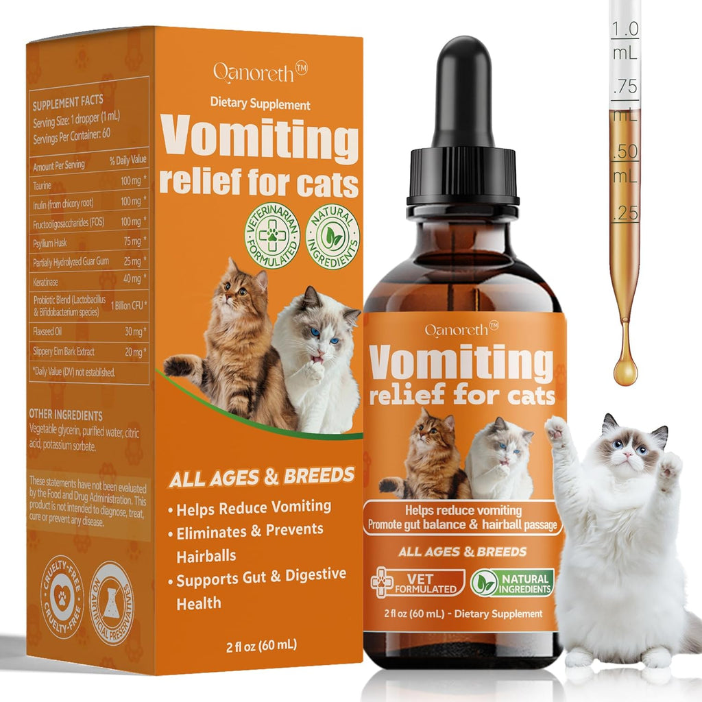 Qanoreth Cat Vomit Remedy front view bottle with dropper for feline digestive support
