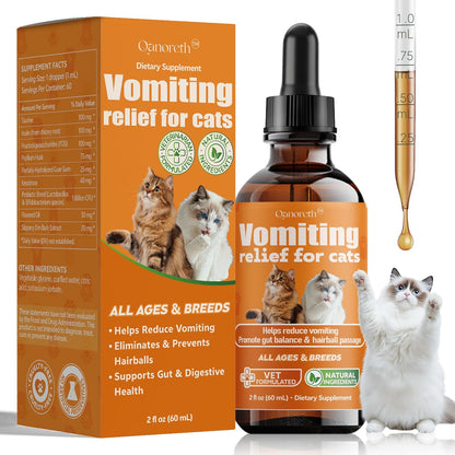 Qanoreth Cat Vomit Remedy front view bottle with dropper for feline digestive support