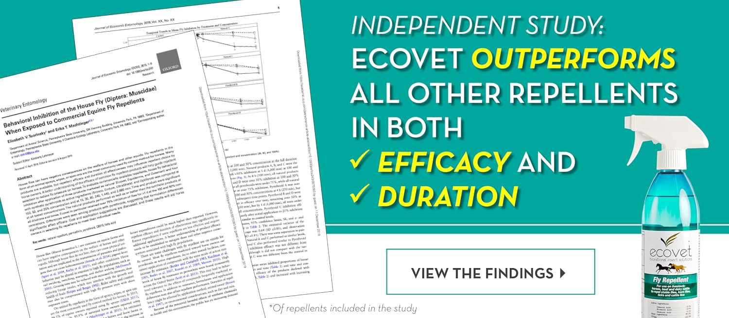 Ecovet eighteen ounce bottle natural fly protection showing active ingredients list