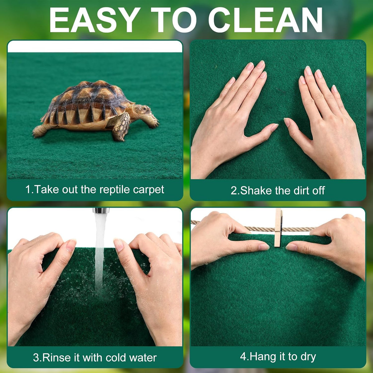 Reptile carpet substrate liner shown with a toy tortoise for scale