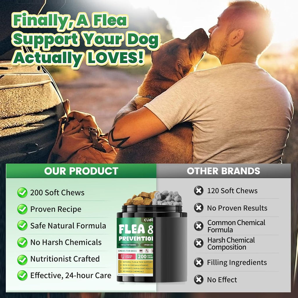Chicken flavored chewable tablets for dog flea defense and glossy fur.