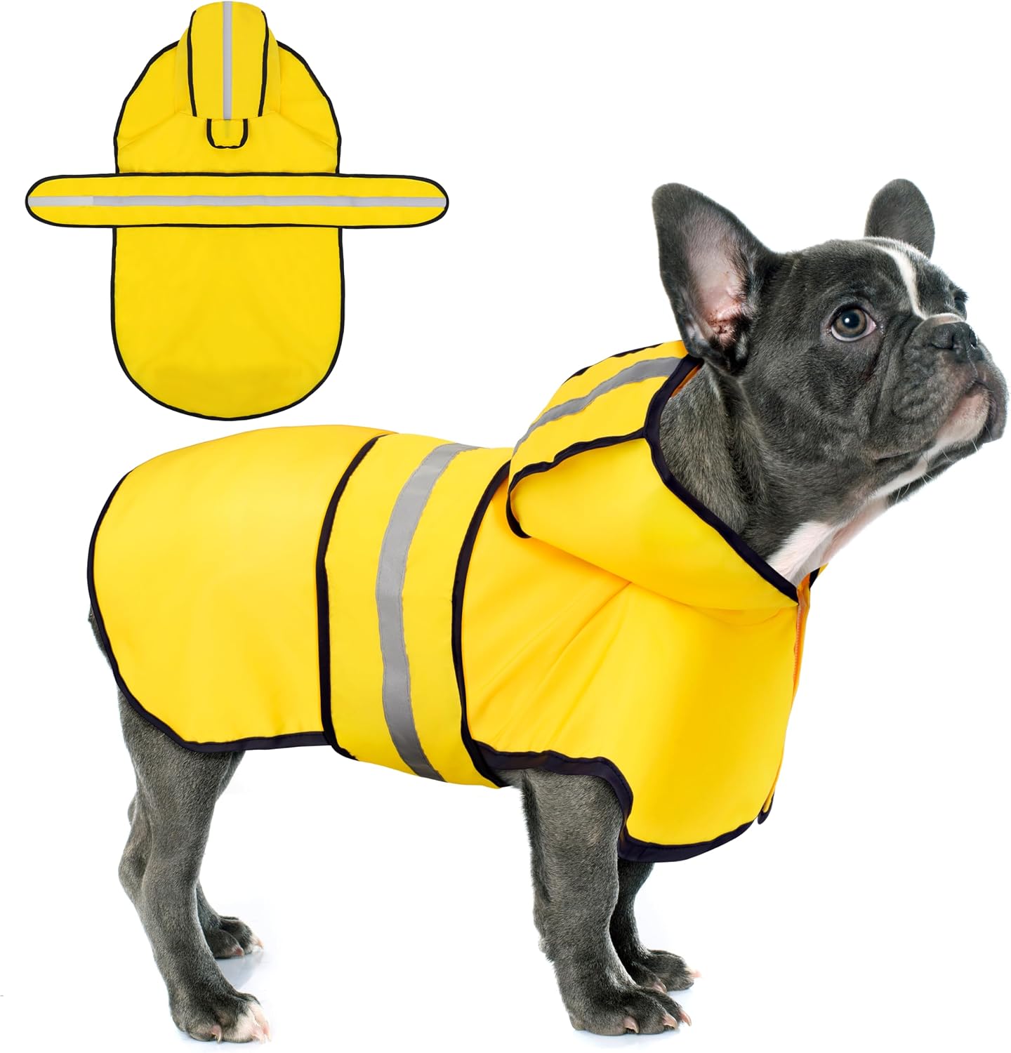 Paiaite dog raincoat front view of yellow waterproof jacket on a pet.
