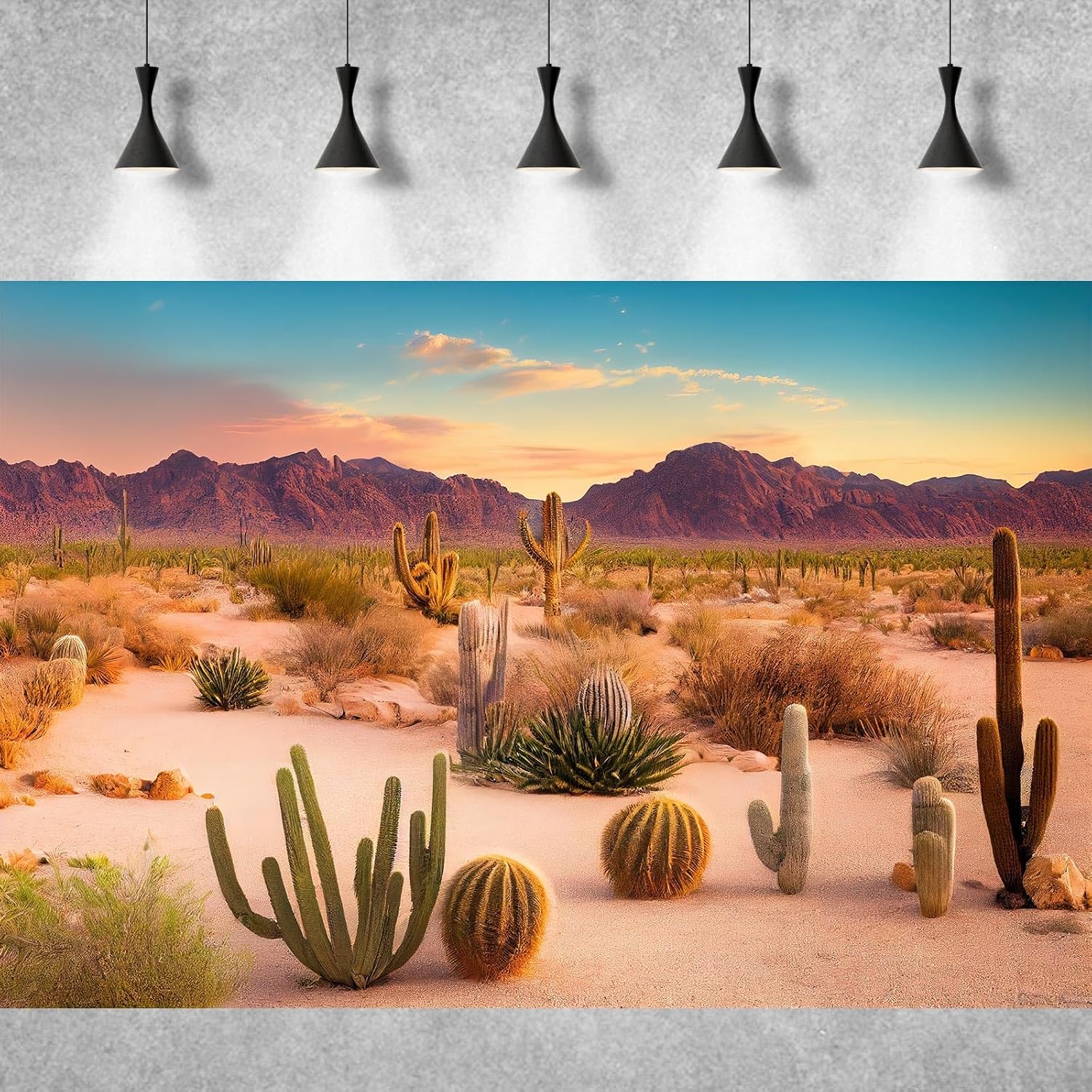 Seventy-two by twenty-four inch desert terrarium background featuring saguaro cactus and mountain ranges.