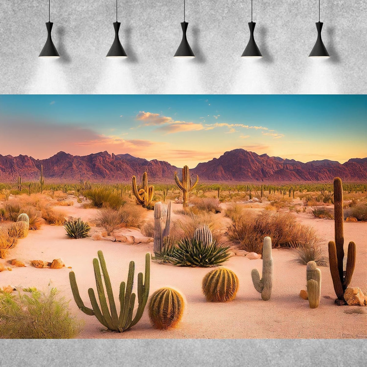 Seventy-two by twenty-four inch desert terrarium background featuring saguaro cactus and mountain ranges.