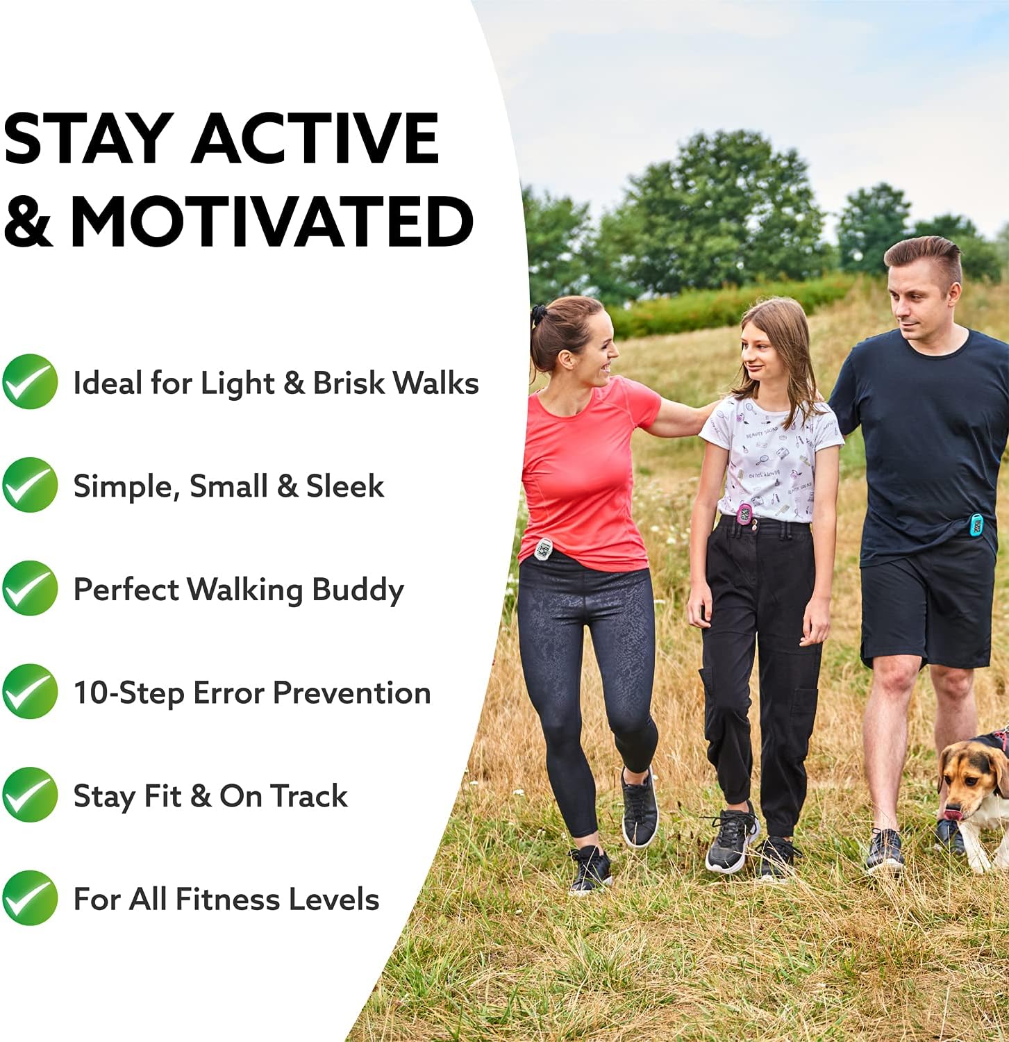 3DActive tri-axis sensor pedometer being used for daily walking fitness routine.