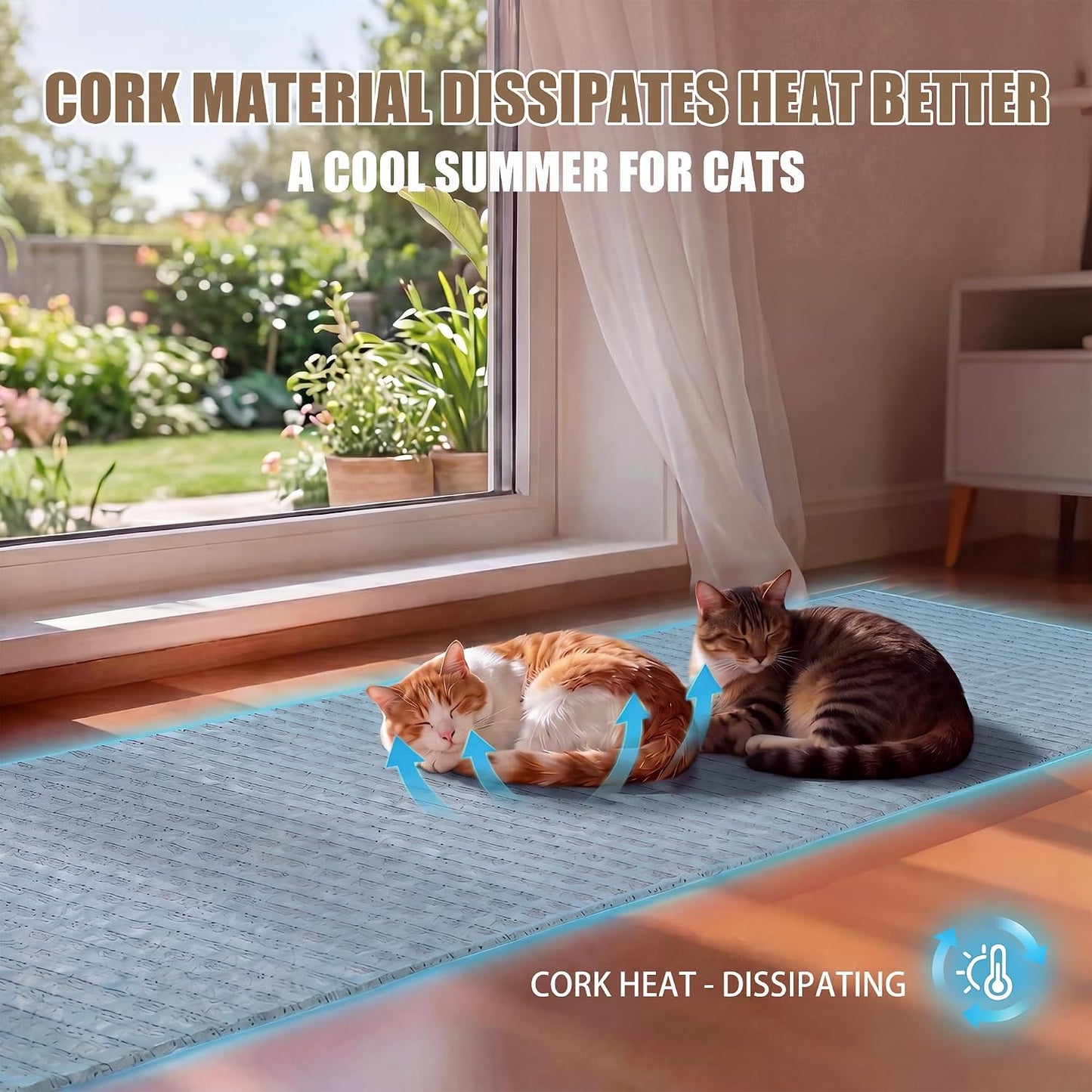 Cat stretching on cork scratch rug