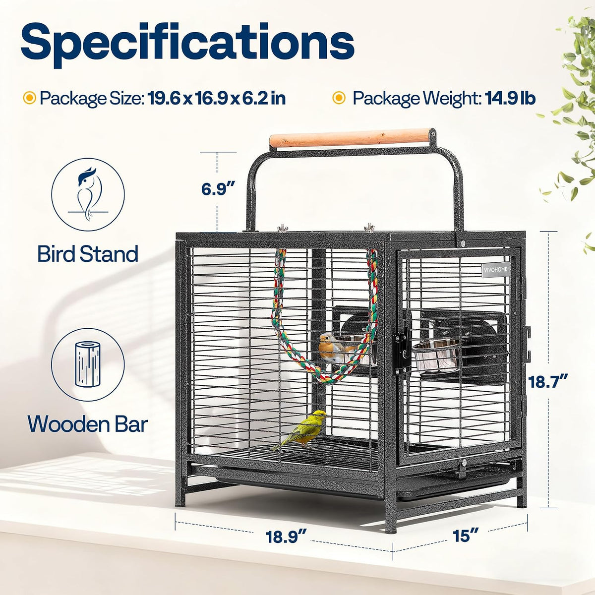 VIVOHOME 19 Inch Wrought Iron Travel Bird Cage for Cockatiel Parakeets - Image 7