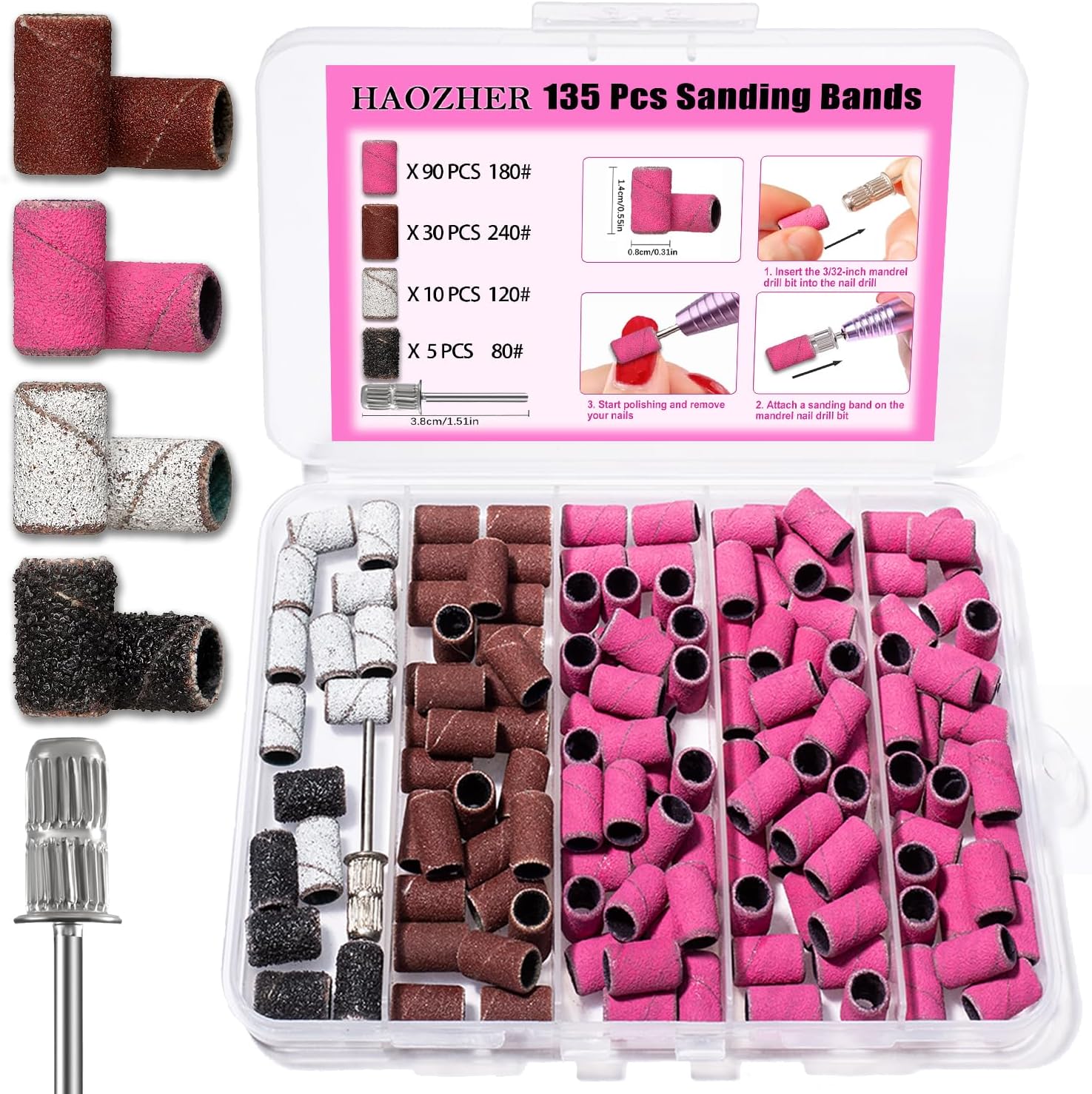 Haozher 135 piece nail drill sanding bands set front view