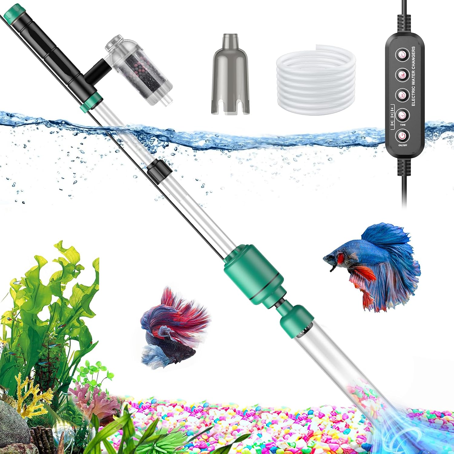Electric Aquarium Vacuum Gravel Cleaner: 24W Fish Tank Vacuum Gravel Cleaner with Strong Suction for Automatic Water Change Algae Remover Sand Wash Water Shower and Water Circulation, Timed Off - Image 1