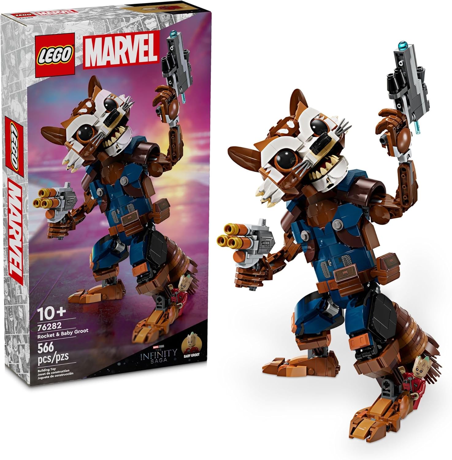 LEGO Marvel Rocket and Baby Groot buildable action figure front view
