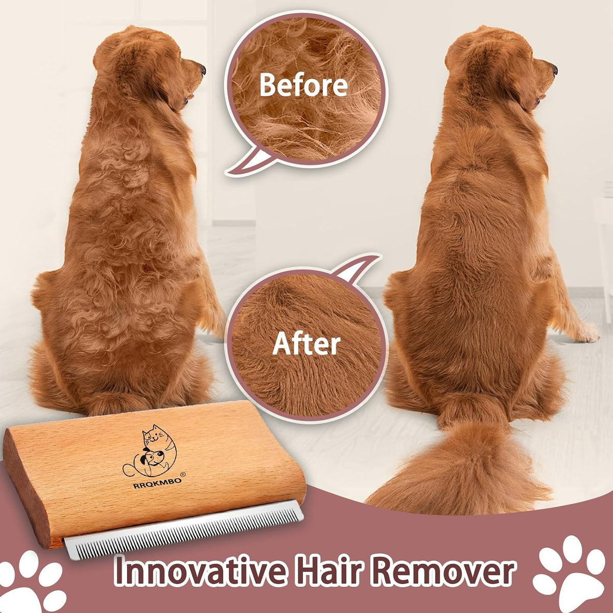 Premium dog shedding tool being held comfortably to demonstrate the ergonomic wooden grip design.