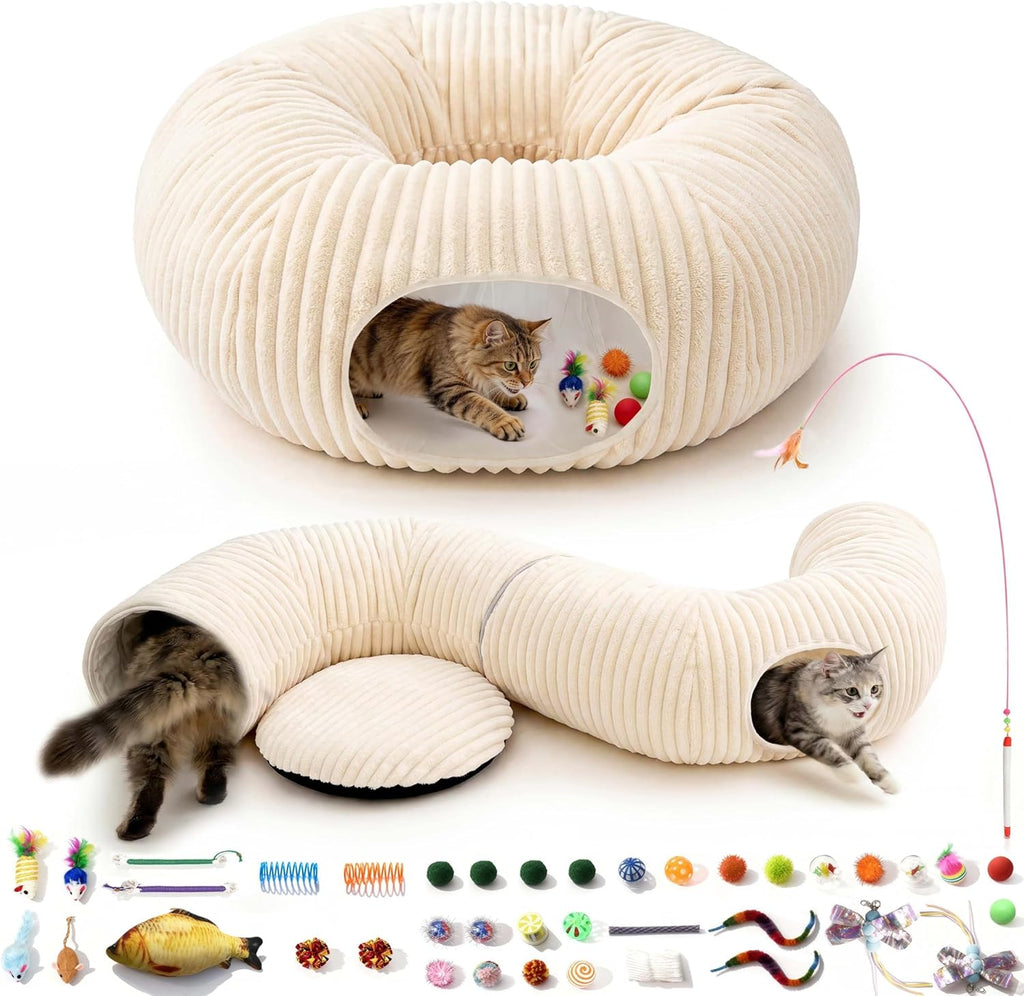 MOYMO cat tunnel bed front view showing the creamy white corduroy texture and circular donut design