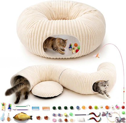 MOYMO cat tunnel bed front view showing the creamy white corduroy texture and circular donut design