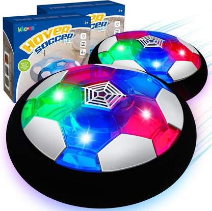 KKONES Kids Hover Soccer Ball Set of Two front view floating on a hardwood floor with glowing LED lights.