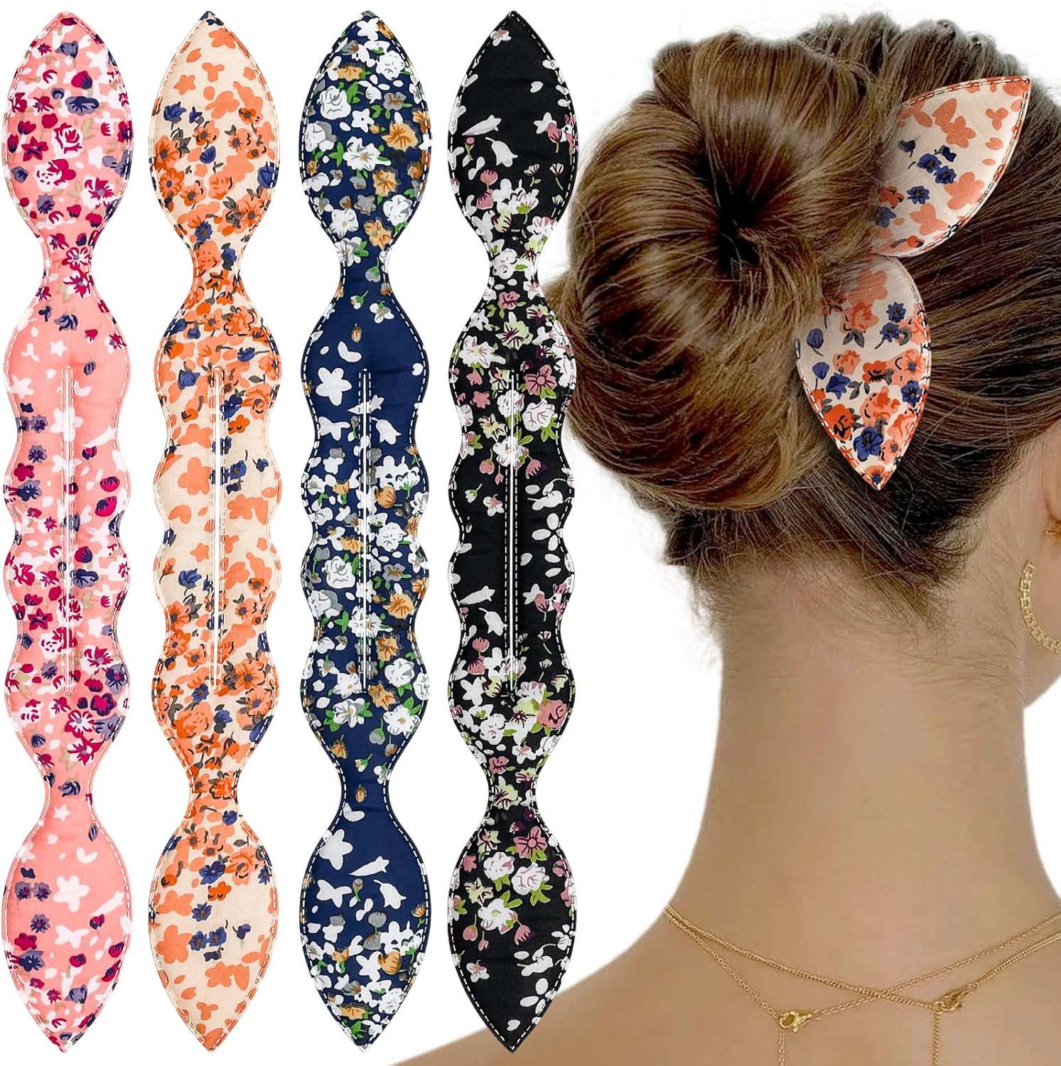 Aswewamt deft bun maker front view showcasing four colorful fabric hair styling twisters.