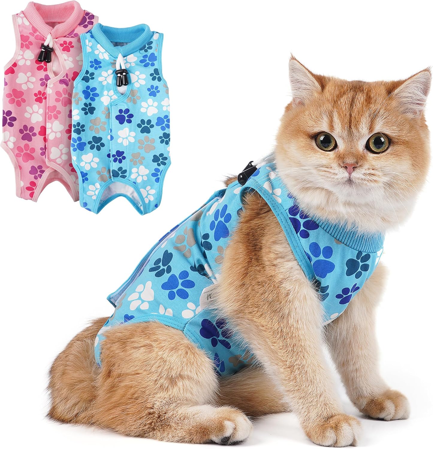 COZYDOODZ Cat Recovery Suit front view showing the blue paw print pattern on a cat.