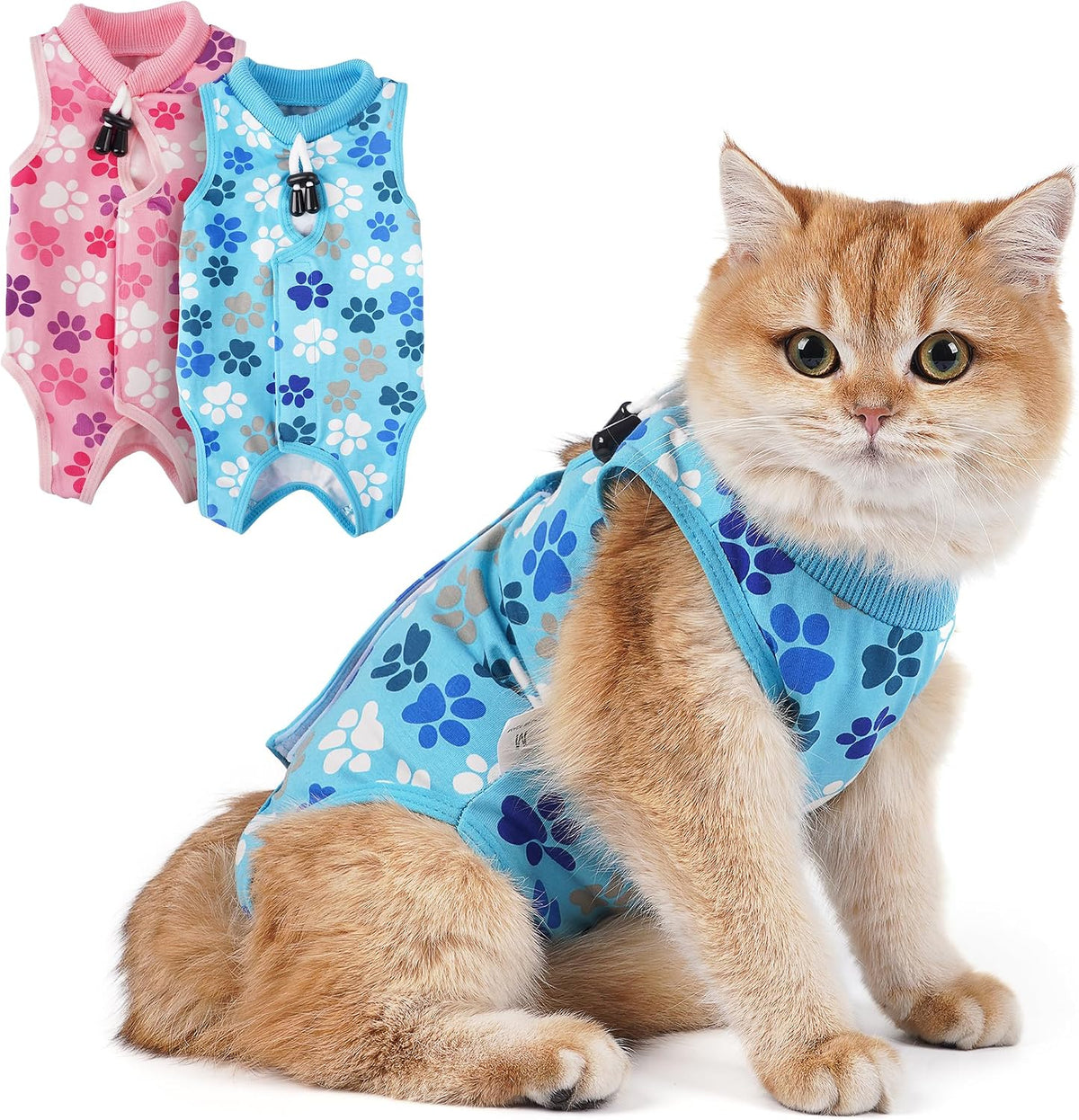 COZYDOODZ Cat Recovery Suit front view showing the blue paw print pattern on a cat.