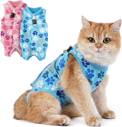 COZYDOODZ Cat Recovery Suit front view showing the blue paw print pattern on a cat.