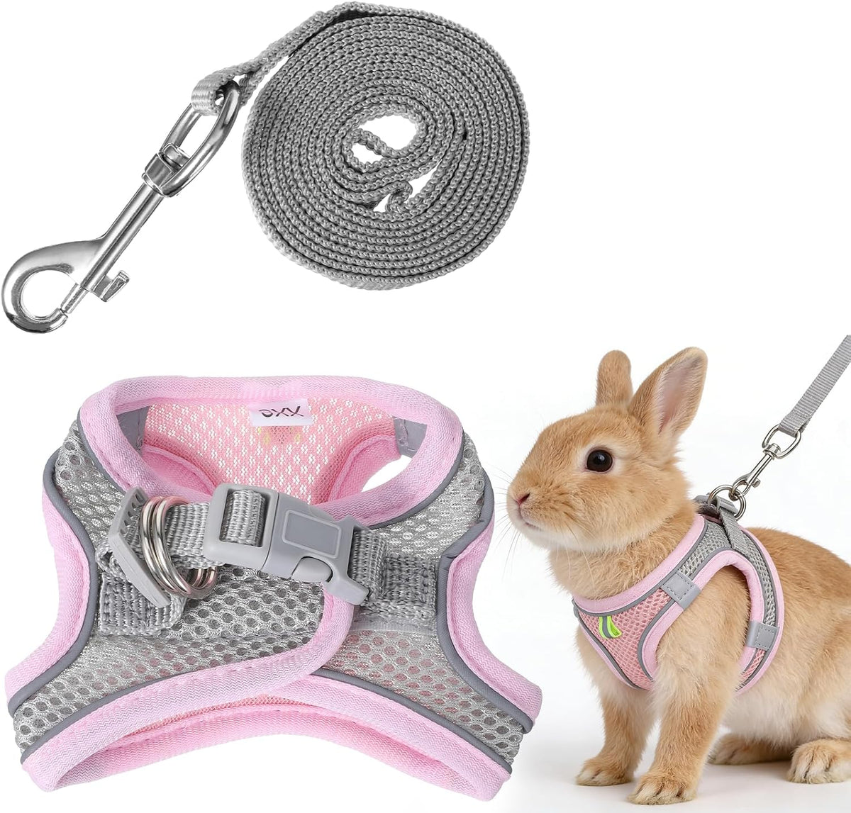 Gtziqa Bunny Harness and Leash Set in pink color front view showing reflective safety vest