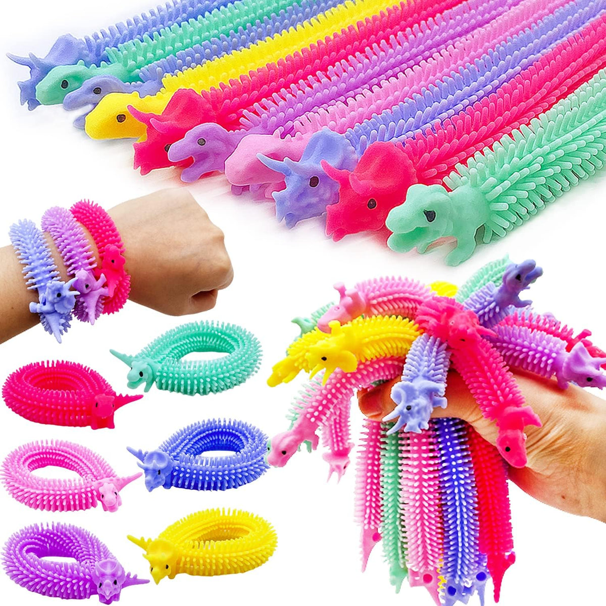 Srmayyi 20 pack dinosaur stretchy string fidget toys front view