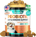Carmelie Probiotics for Dogs front view chicken flavor soft chews jar for pet digestive health.