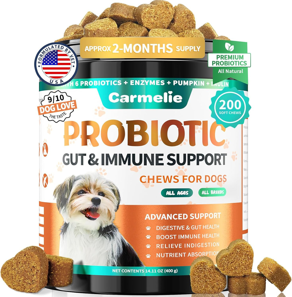 Carmelie Probiotics for Dogs front view chicken flavor soft chews jar for pet digestive health.