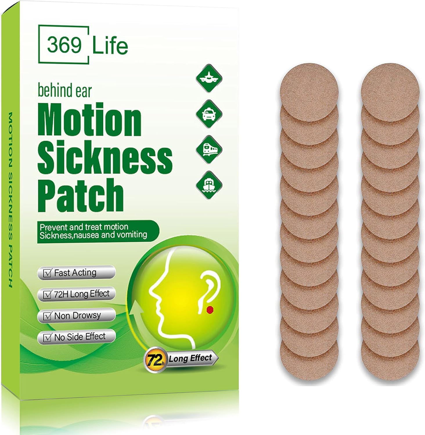 369 Life motion sickness patches front packaging view for travel relief