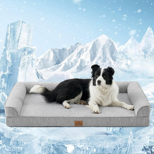 COZY KISS Cooling Dog Bed for Extra Large Dogs, 48"x32" Orthopedic Foam Sofa with Bolster Sides, Q-Max >0.4 Cooling Technology, Cool Pet Bed with Removable Washable Cover, Grey - Image 1
