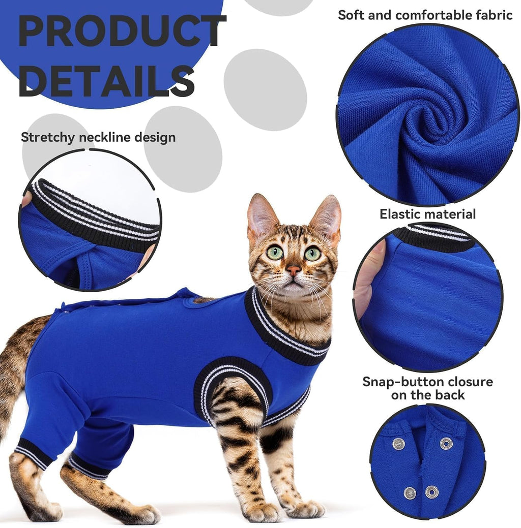 Rear view of pet recovery suit showing secure back buckle design