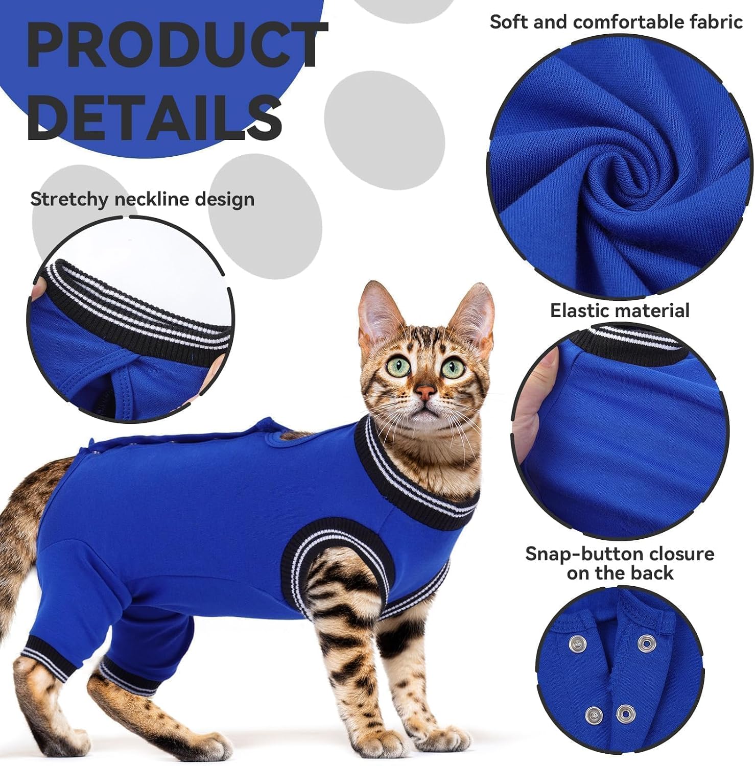 Rear view of pet recovery suit showing secure back buckle design