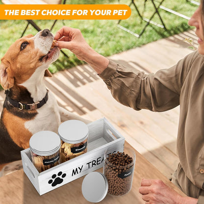 White wooden crate for dog treat storage with three clear jars