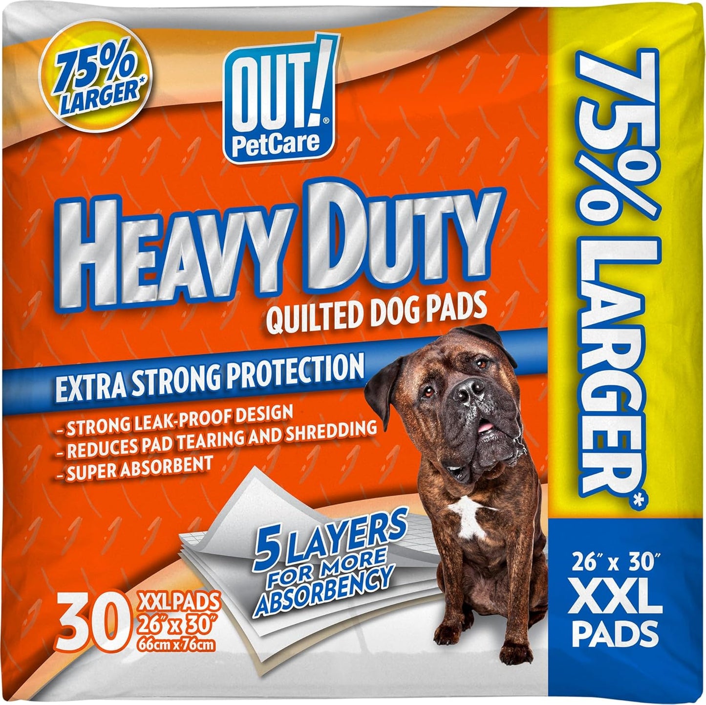 OUT! Petcare Puppy Pads XXL front view package showing thirty count box.