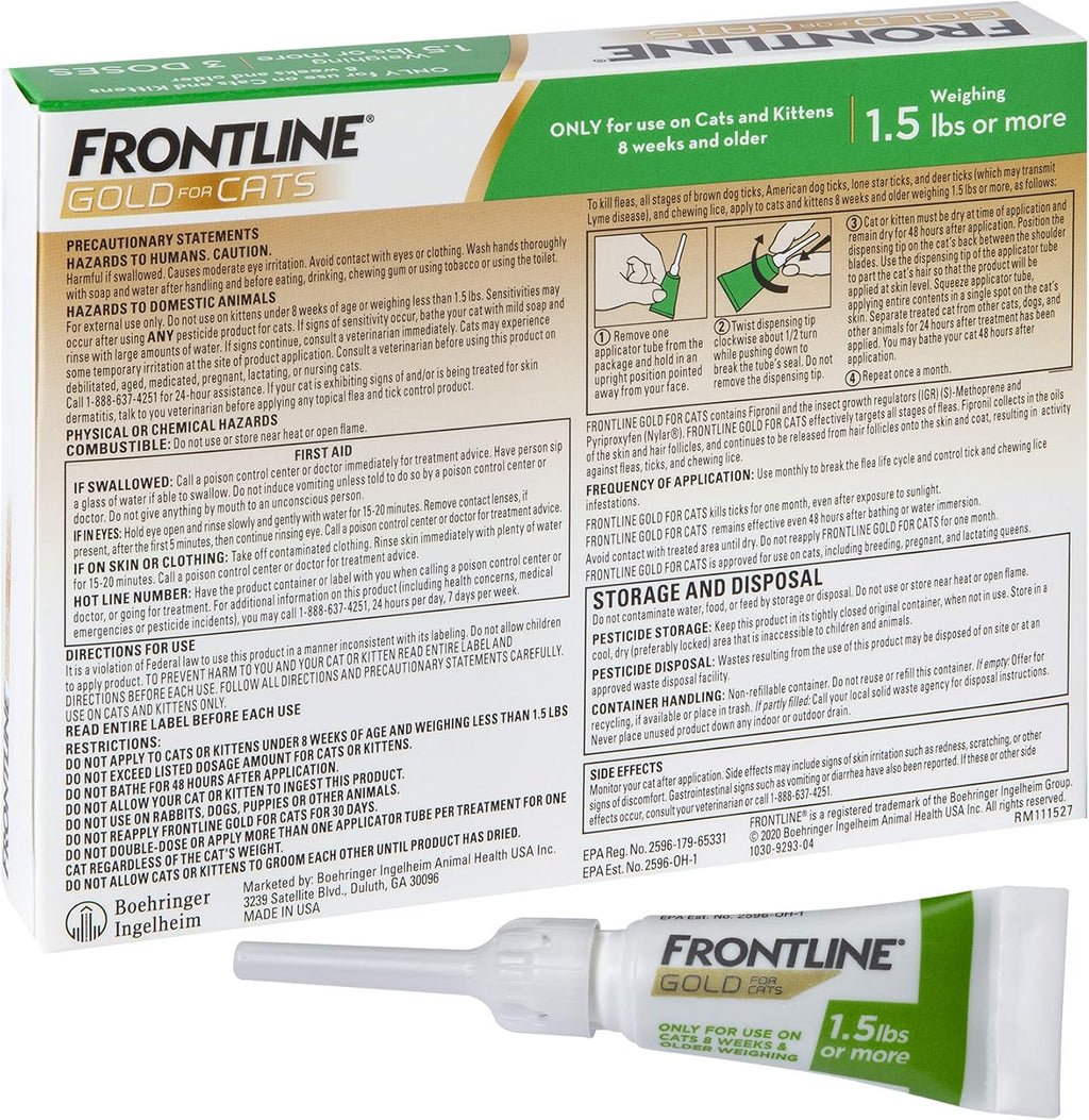 Side view of Frontline Gold spot on treatment for cats over 1.5 pounds