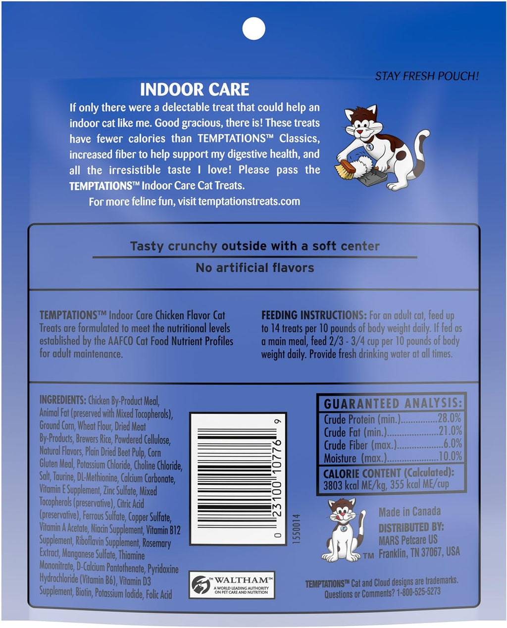 Temptations crunchy and soft cat snacks pouch details