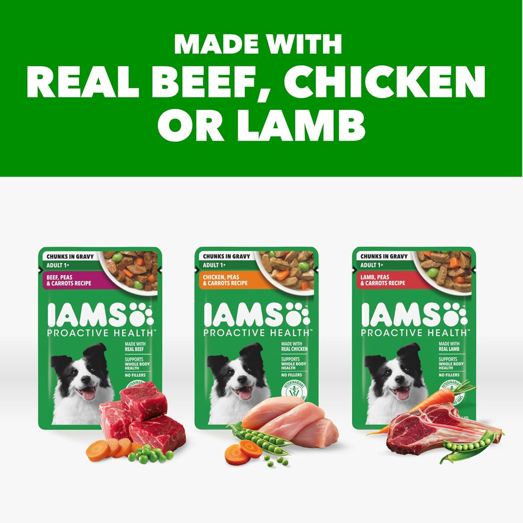 Back label of IAMS Adult Wet Dog Food variety pack showing complete ingredient list and guaranteed analysis.