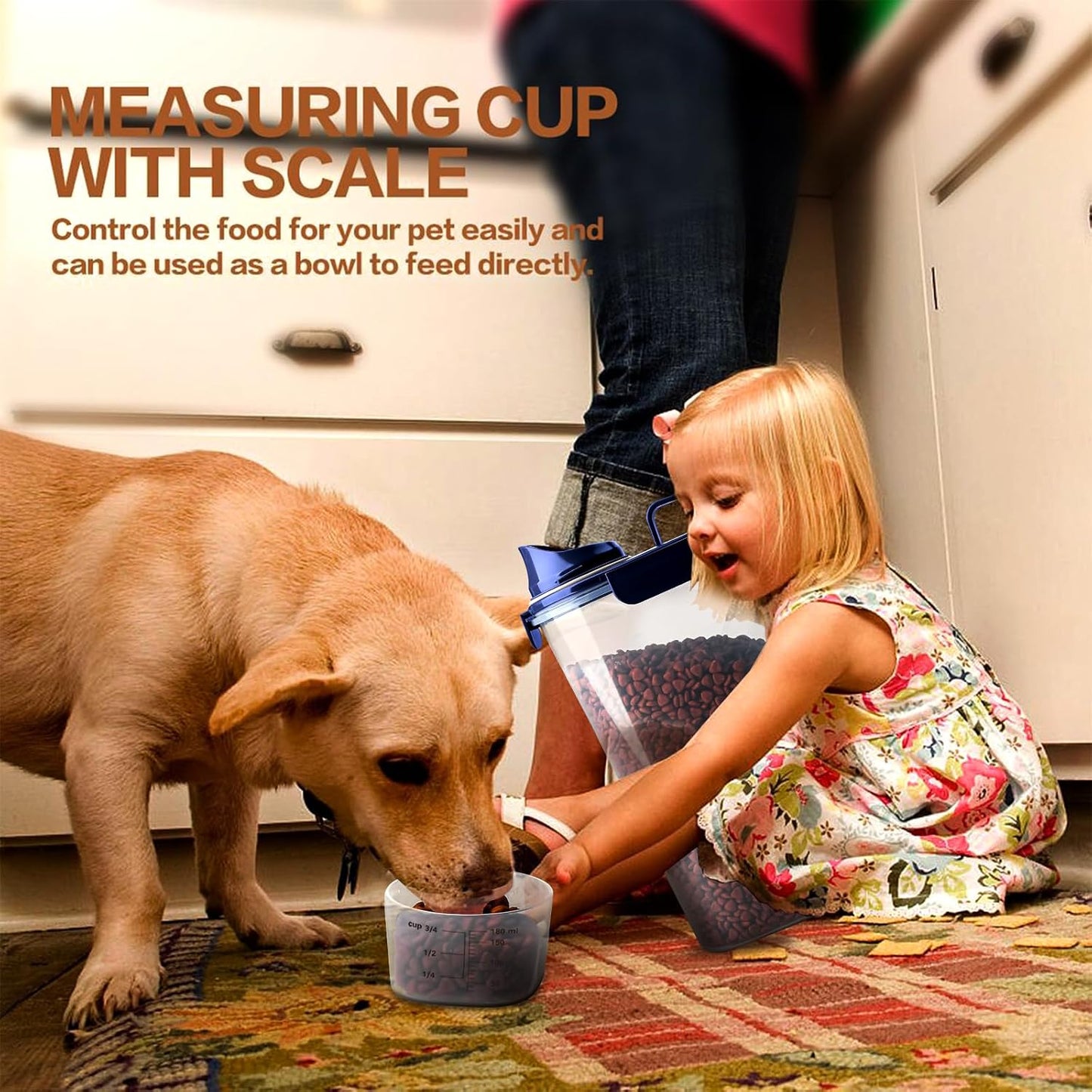 Slim profile Tiovery pet food storage fitting inside kitchen cabinet