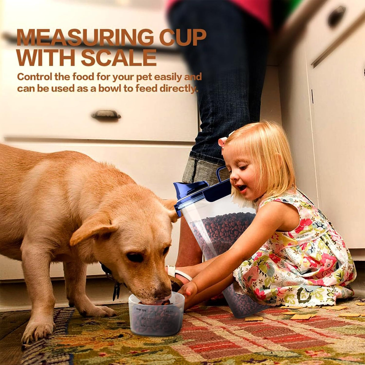 Slim profile Tiovery pet food storage fitting inside kitchen cabinet