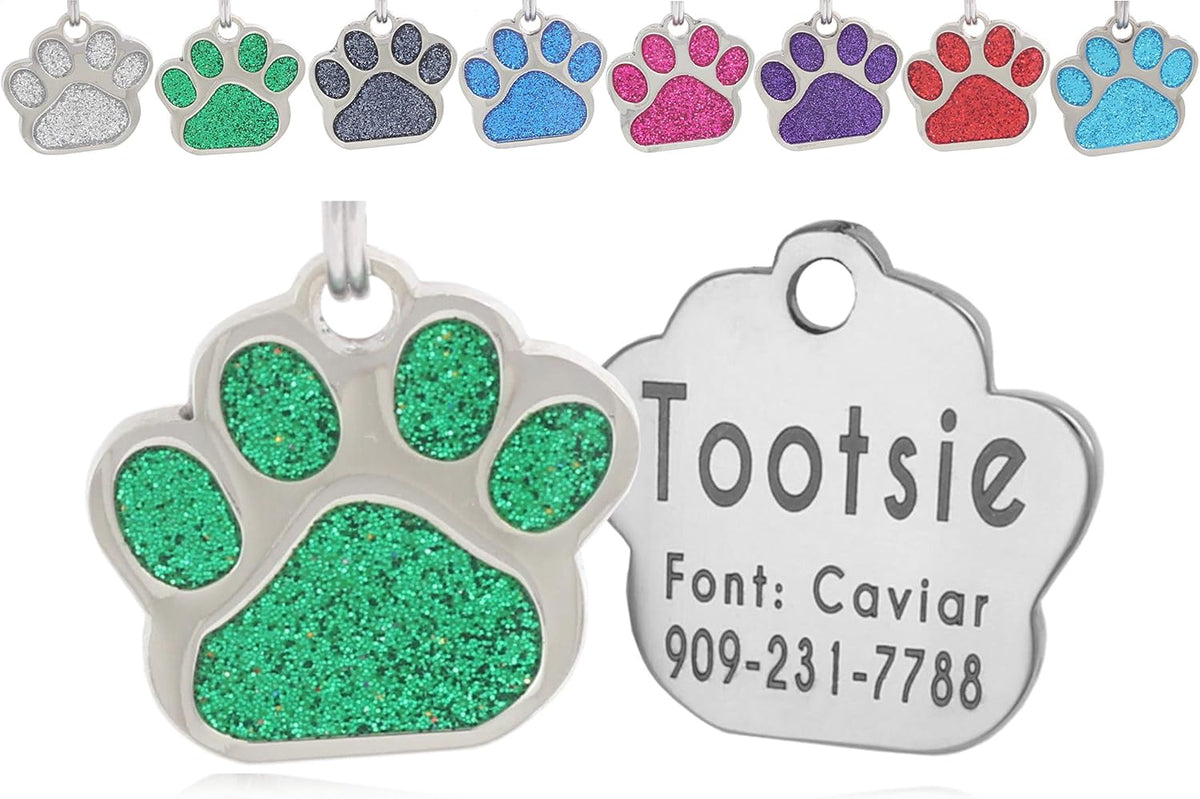 Laser Etched Stainless Steel Pet ID Tags Custom Personalized for Dog & Cat Paw Print Bone Round Tag (Glitter Pink) - Image 9