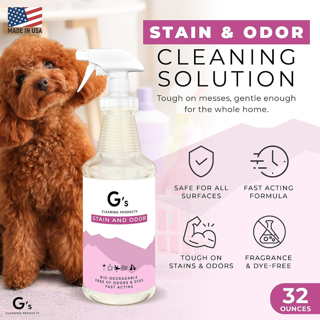 G's Cleaning 32 ounce enzymatic pet stain spray on carpet