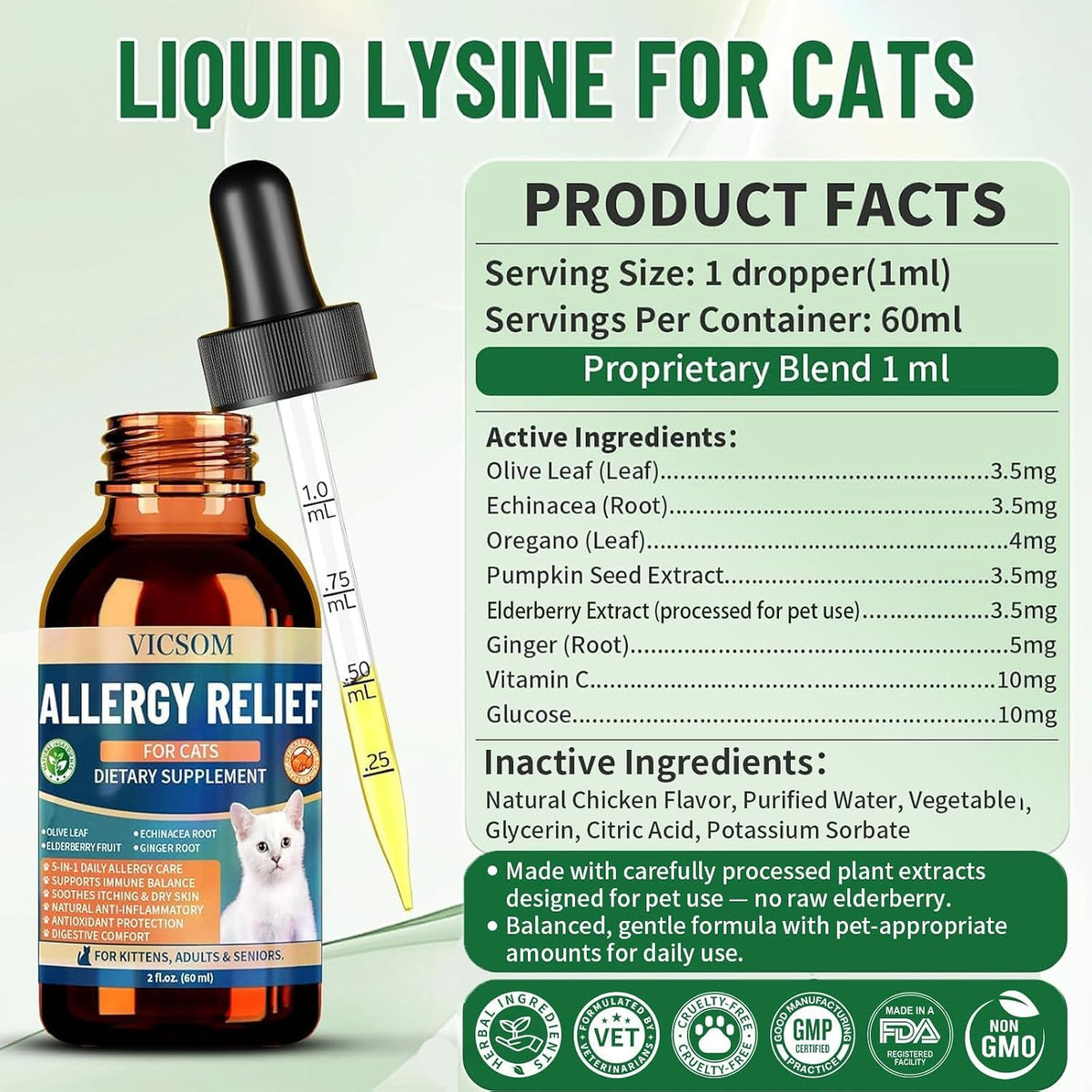 Packaging details of Vicsom 60ml liquid tincture for cat atopic dermatitis relief