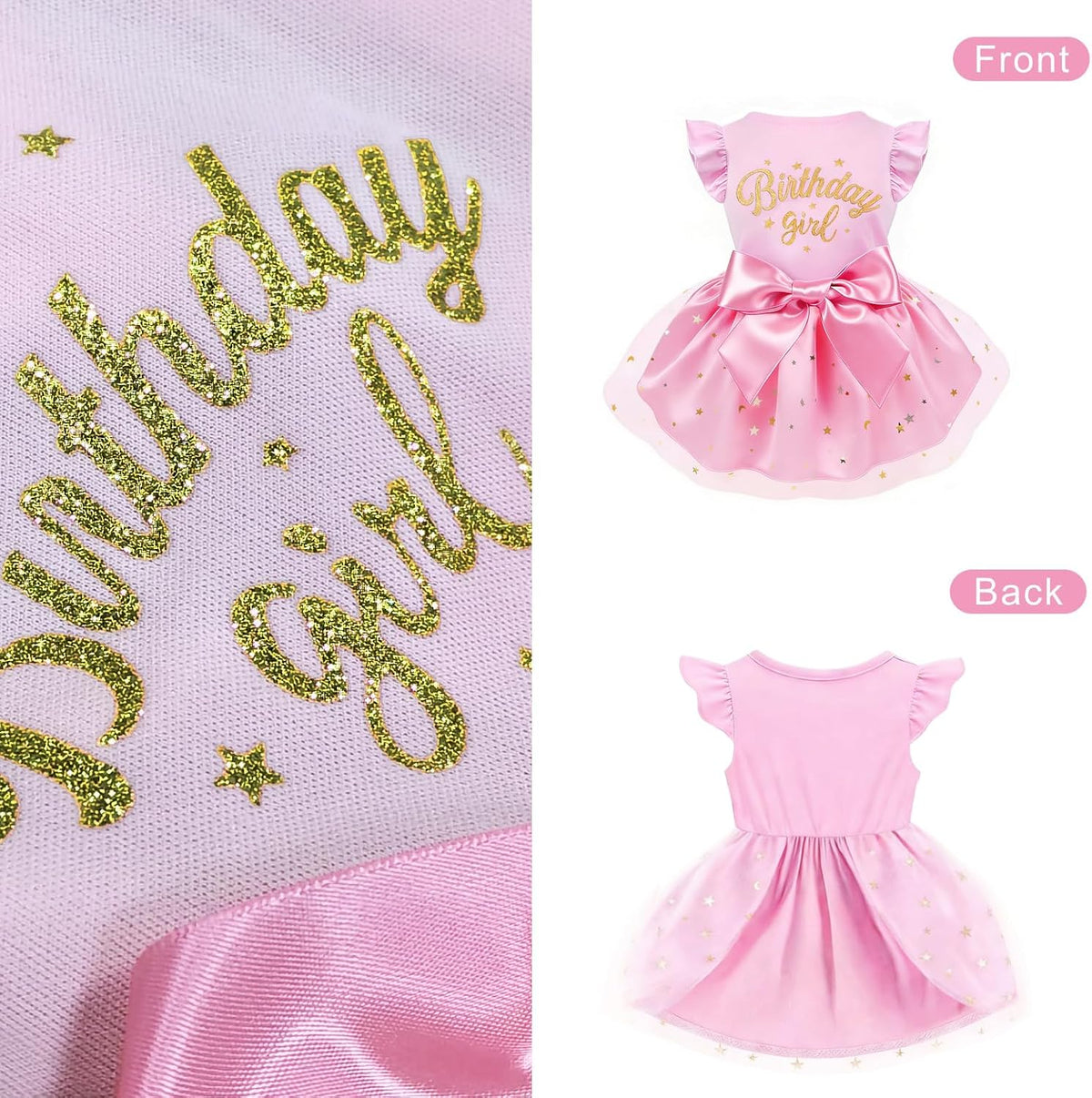 Layered polyester tulle skirt showing the detailed gold star and moon patterns.