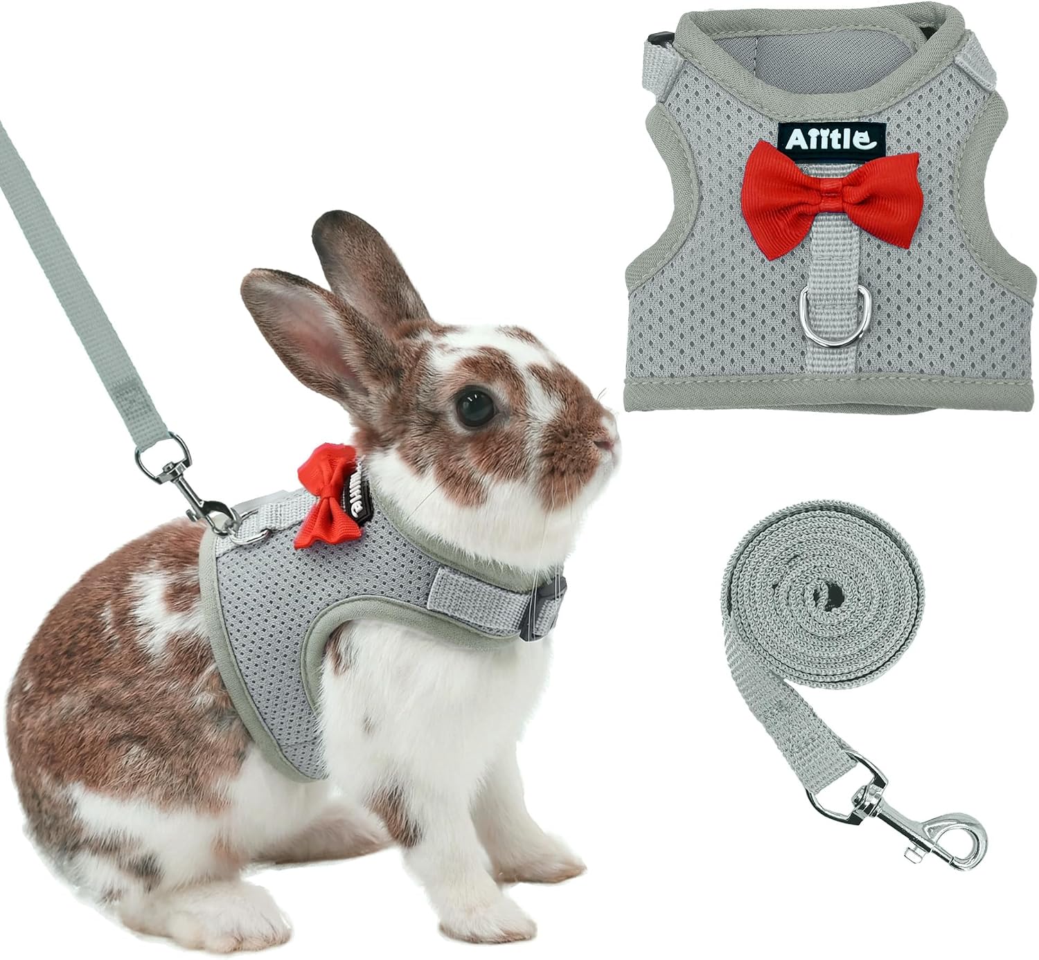 Aiitle rabbit harness and leash set front view showing grey mesh vest with red bow tie